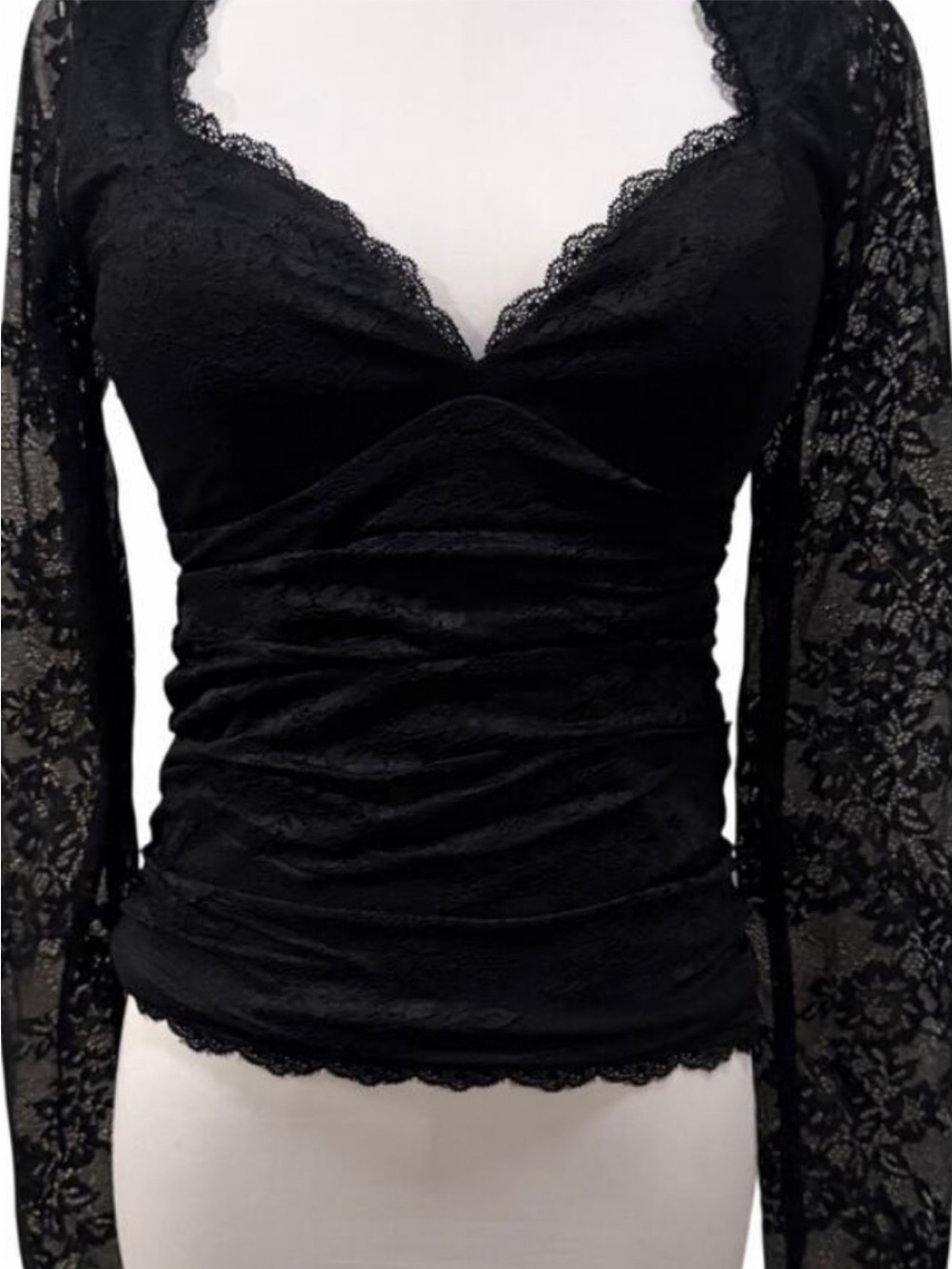 Abercrombie & Fitch Black Lace V-Neck Ruched Long Sleeve Top
